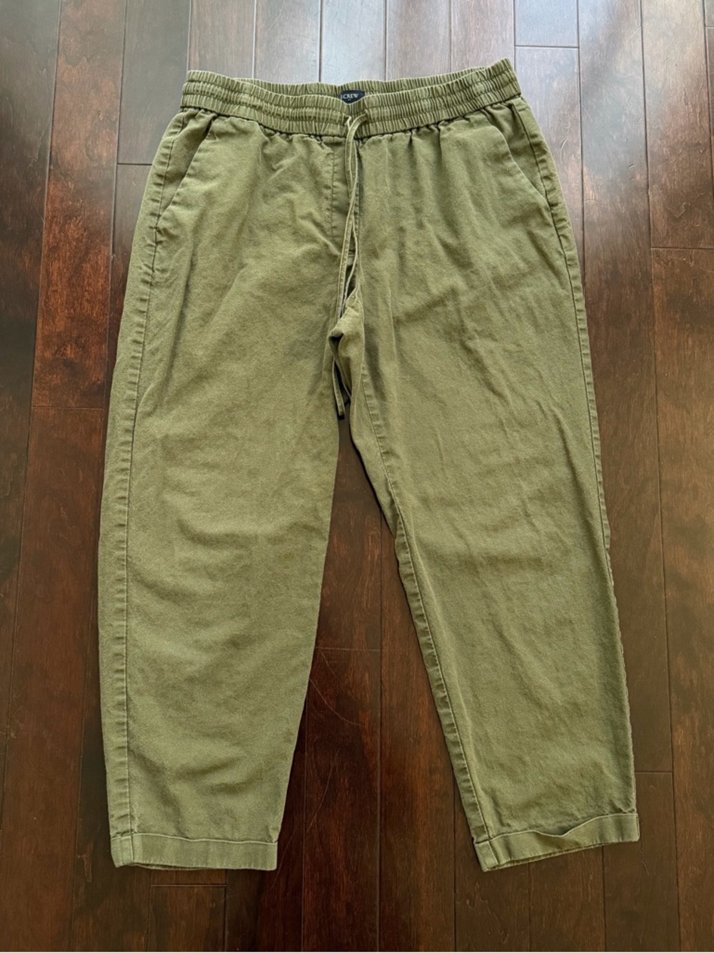 J.CREW Women's Pull-On Linen Pants Size 10 Olive Green Drawstring Waist Ankle